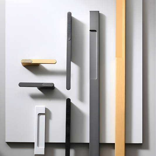 A selection of long cabinet pull handles in various colors including black, gray, gold, and silver, displayed against a neutral background.