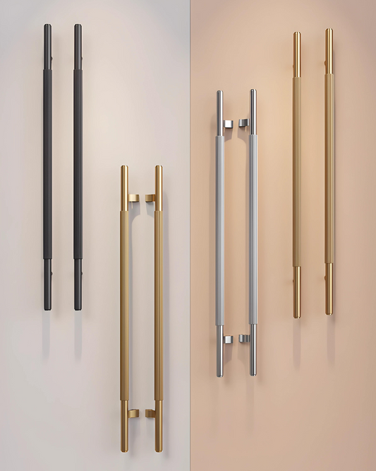 A set of long entrance door handles in various colors including black, gold, and silver, with a knurled design.