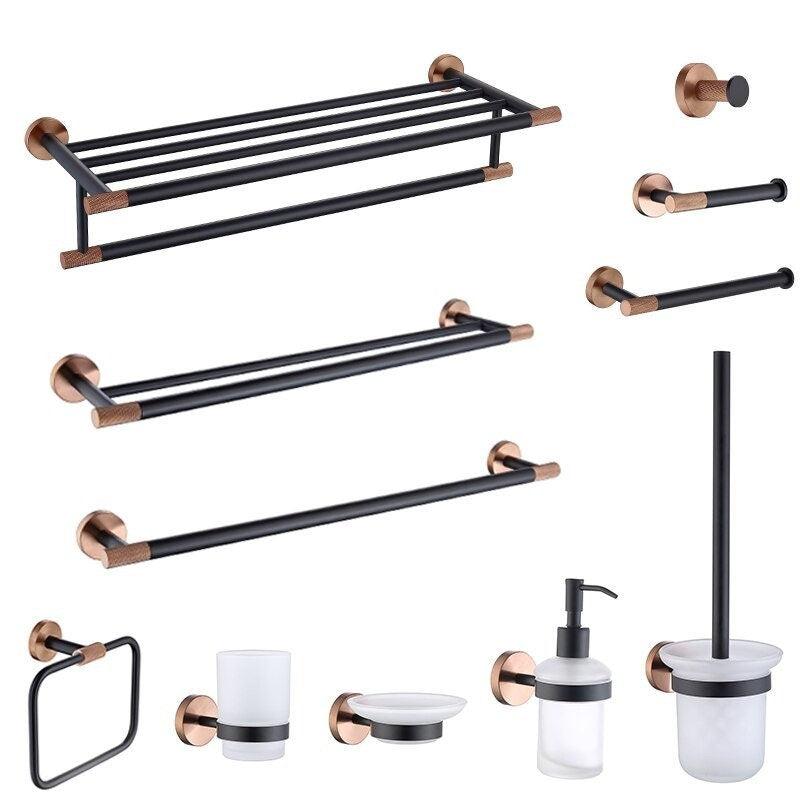 KOS / BATHROOM HARDWARE SET / KNURLED / ROSE GOLD & MATTE BLACK - Handle Shop Couture