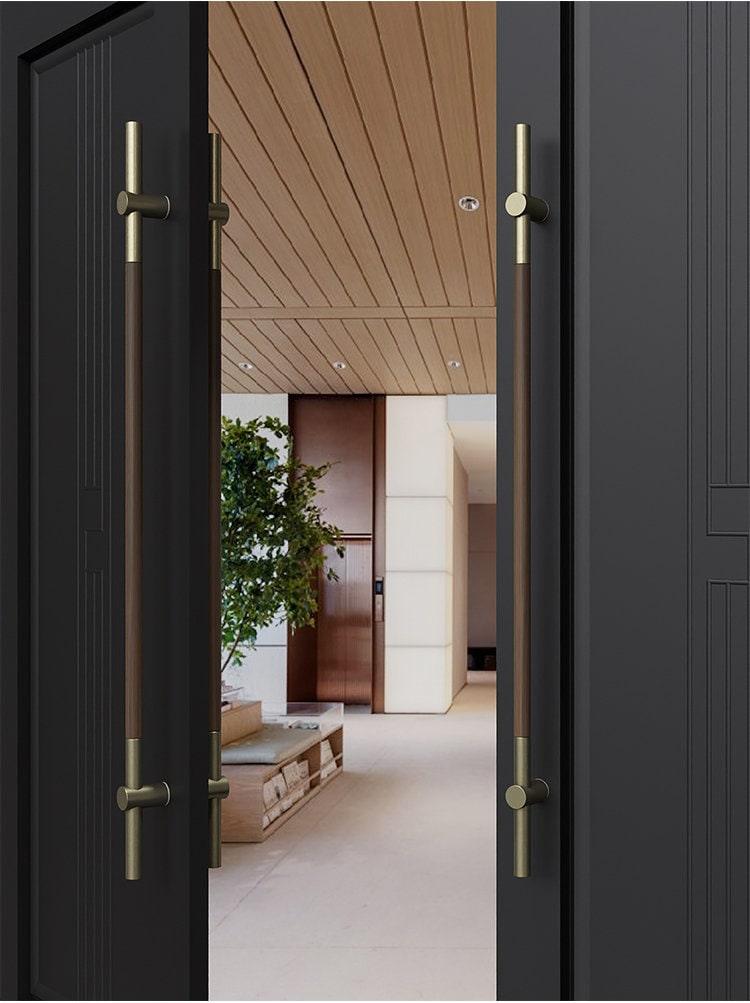 Long door push pull handle made of walnut wood and metal