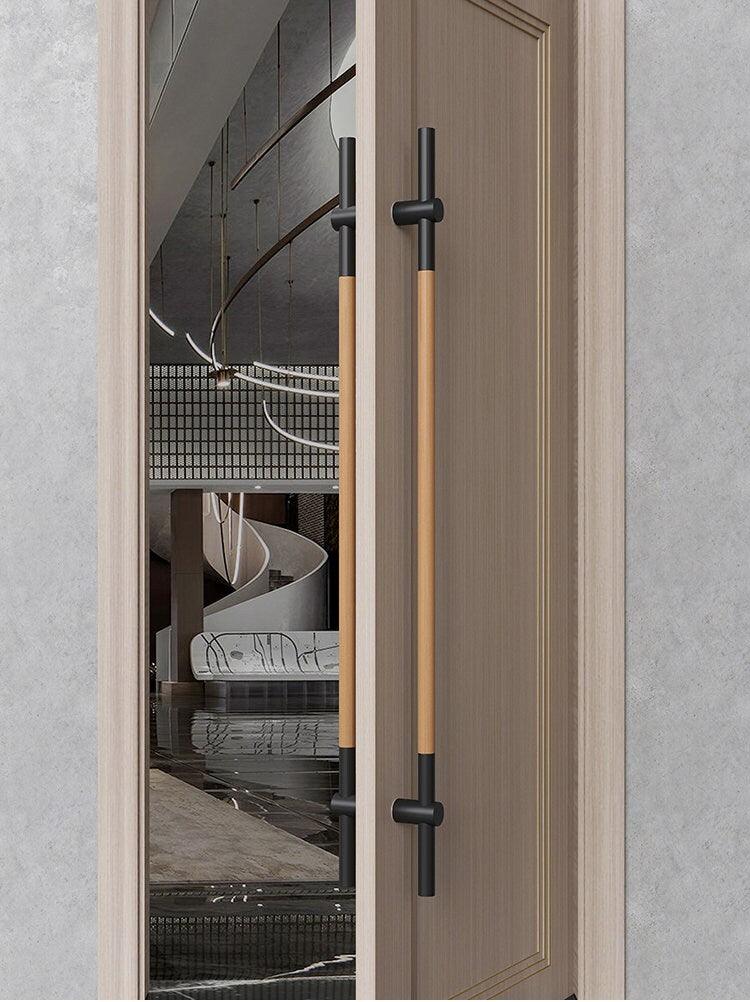 Long door push pull handle made of beech wood and matte black metal