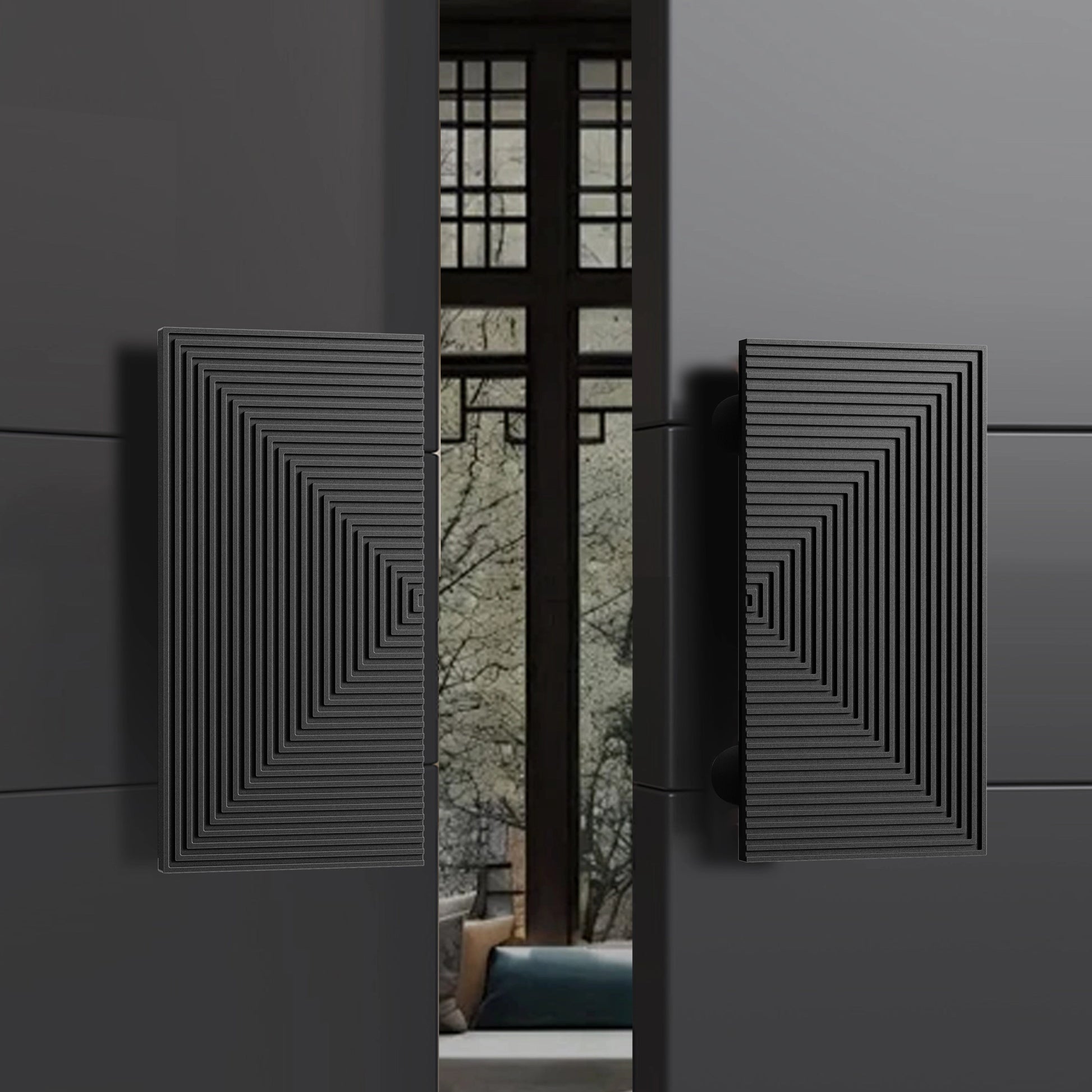 A collection of BATTIA rectangular entrance door handles in various colors displayed on a neutral background.