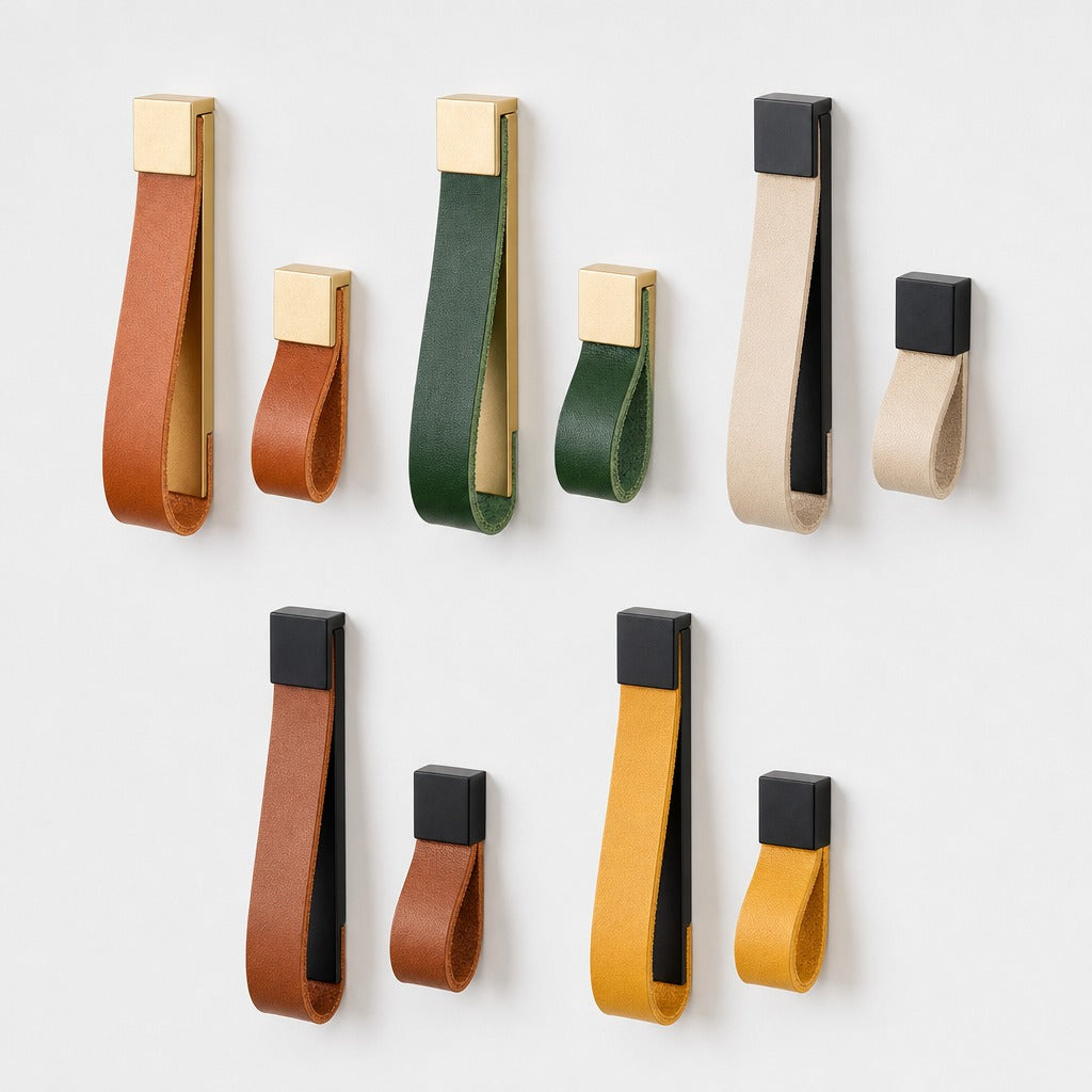ALEMAGOU leather cabinet pulls and knobs in tan, green, cream and mustard with gold and black fittings