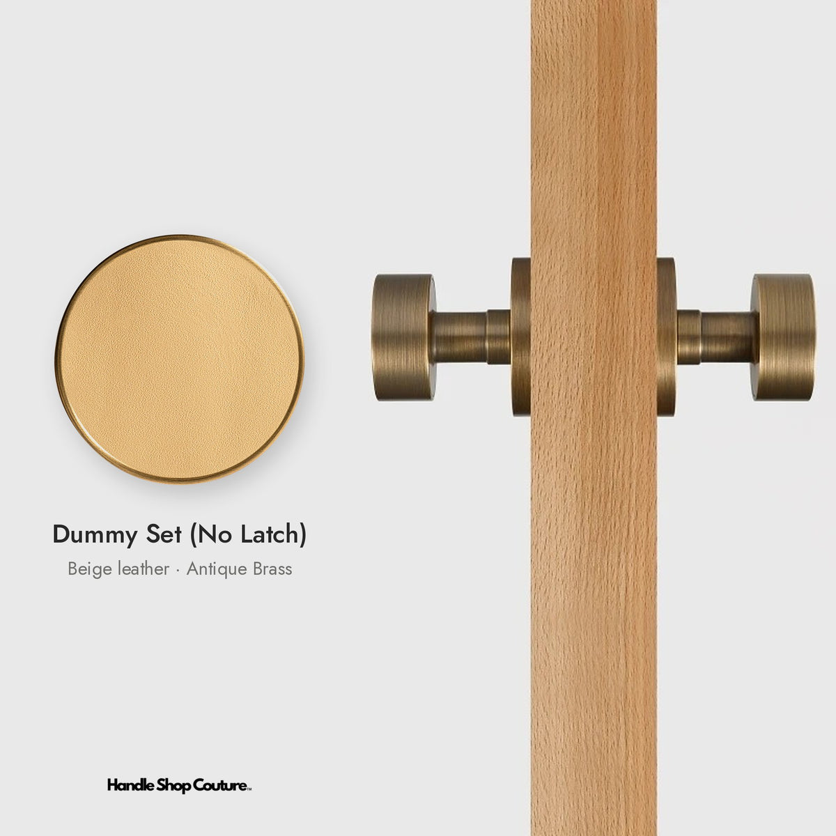 AMORGOS leather door knob set in Antique Brass with beige leather, Dummy Set (No Latch)