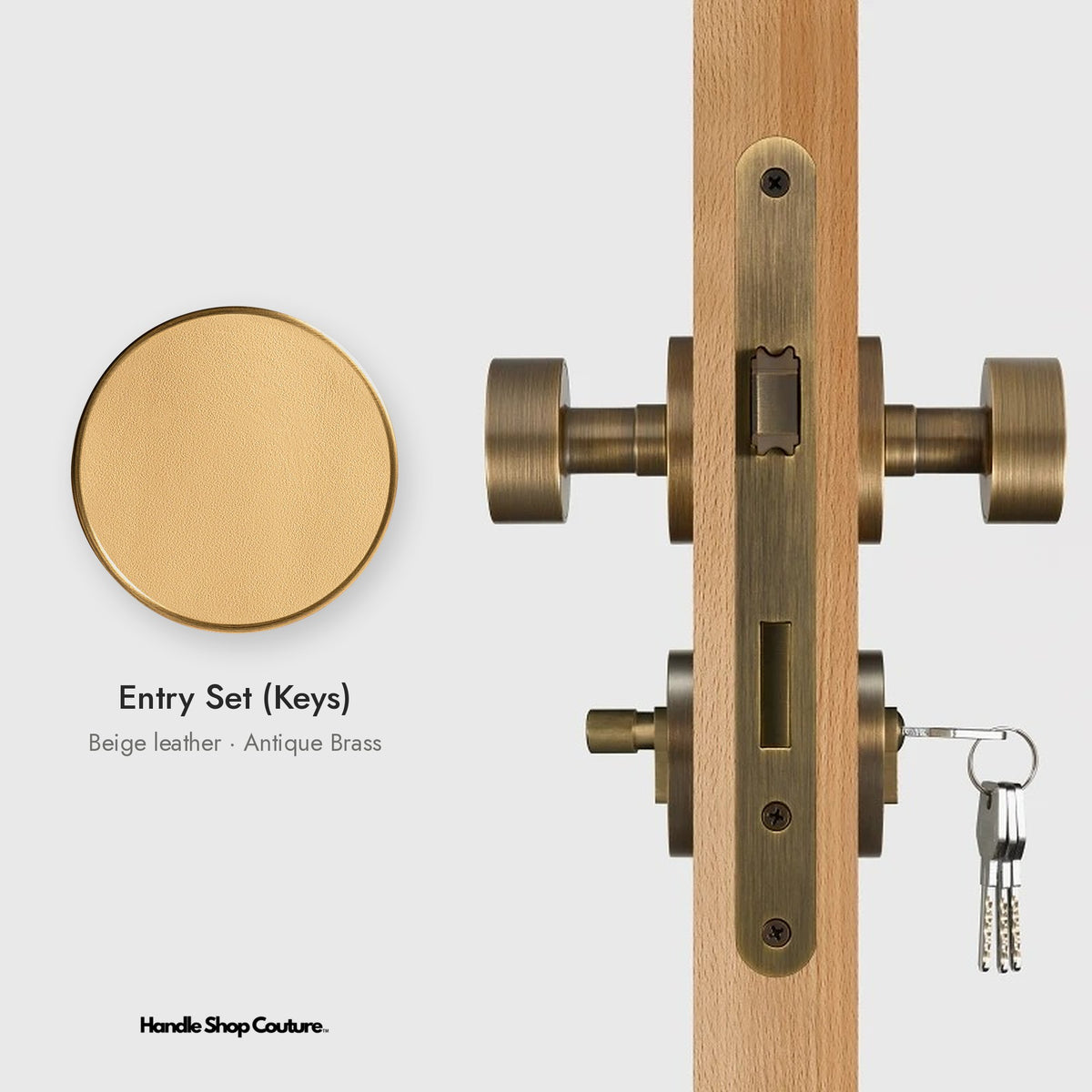 AMORGOS leather door knob set in Antique Brass with beige leather, Entry Set (Keys)