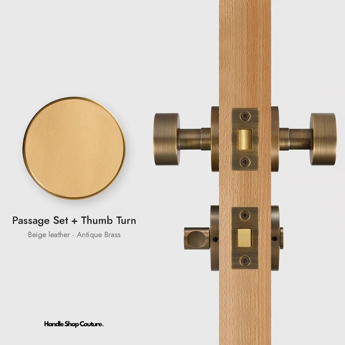 AMORGOS leather door knob set in Antique Brass with beige leather, Passage Set + Thumb Turn
