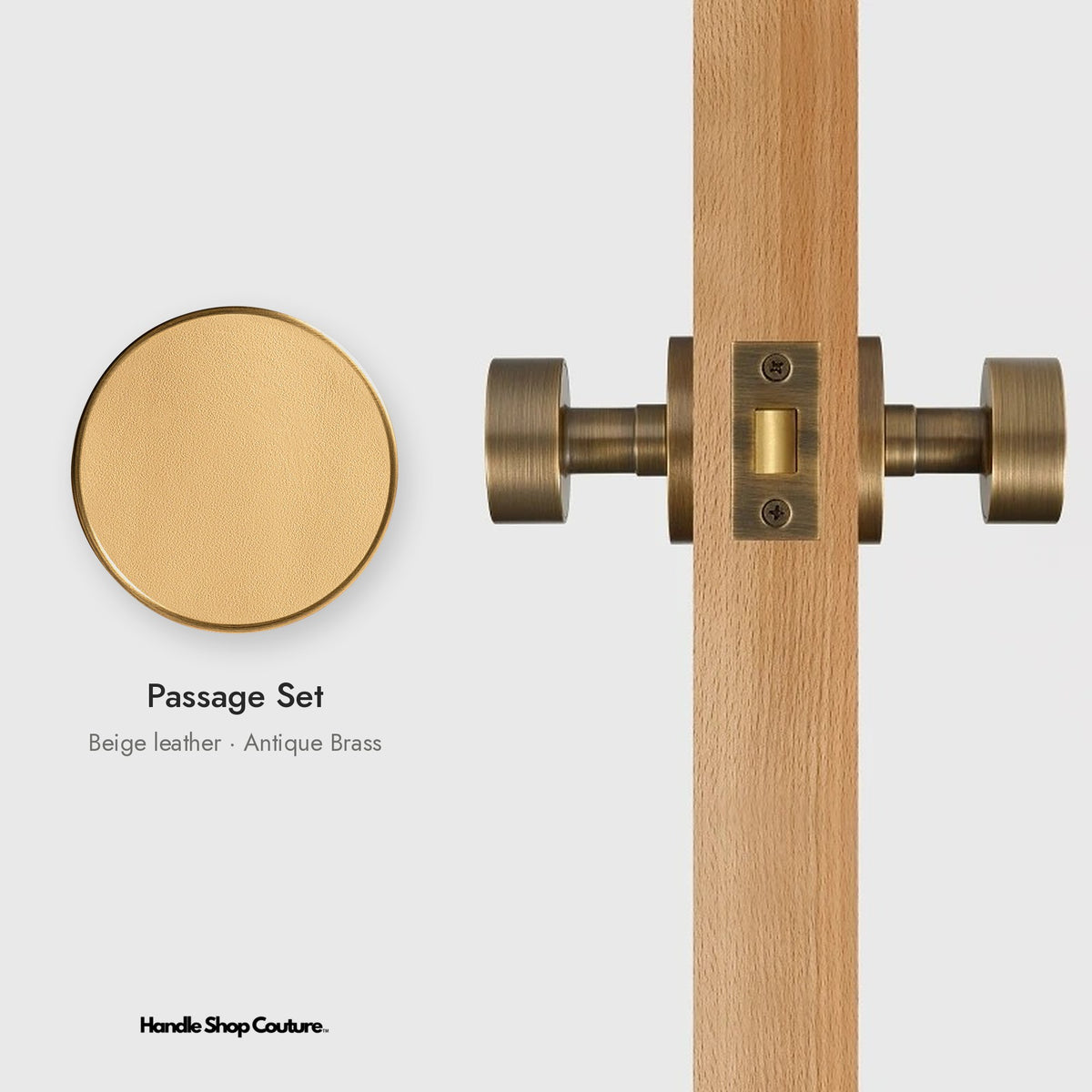AMORGOS leather door knob set in Antique Brass with beige leather, Passage Set