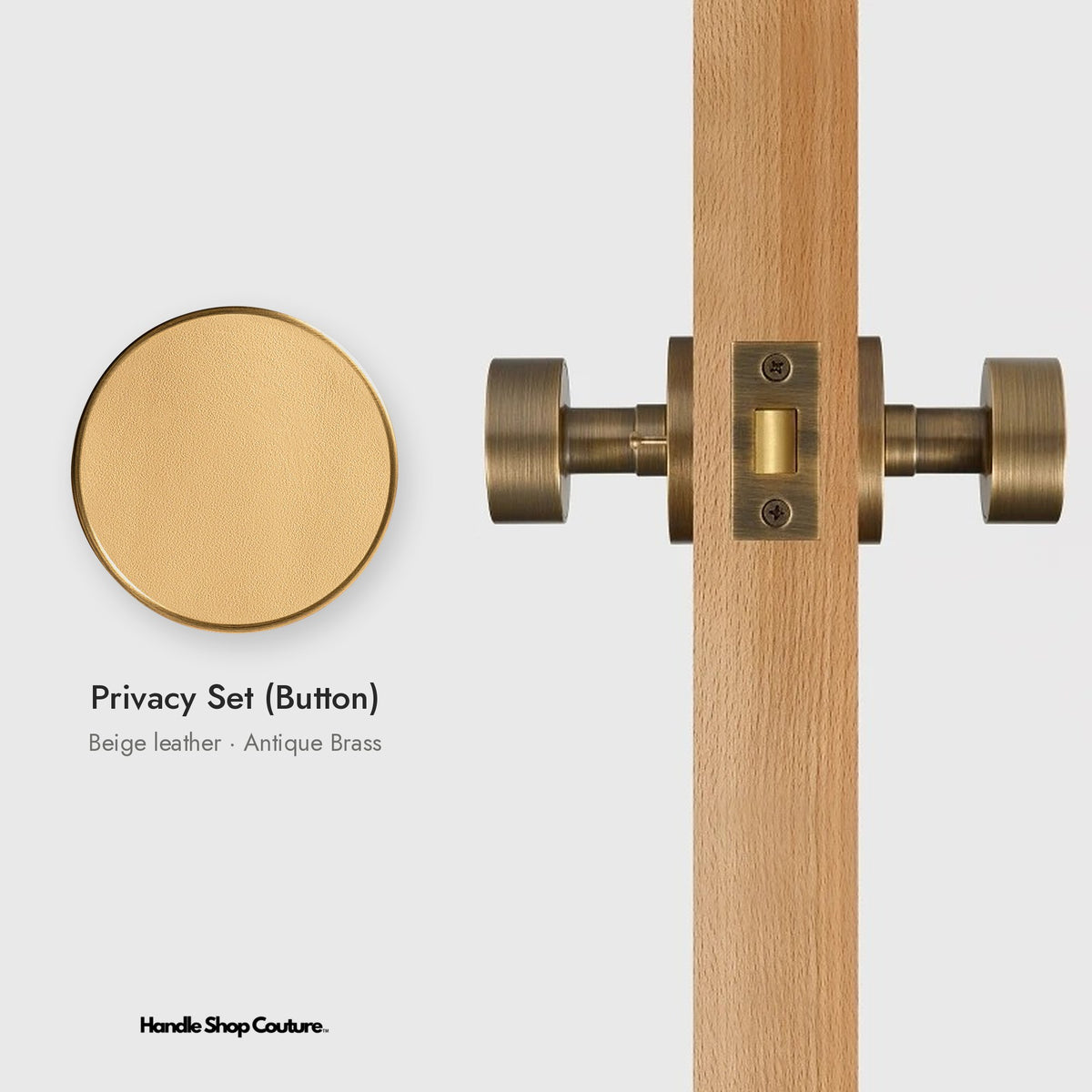AMORGOS leather door knob set in Antique Brass with beige leather, Privacy Set (Button)