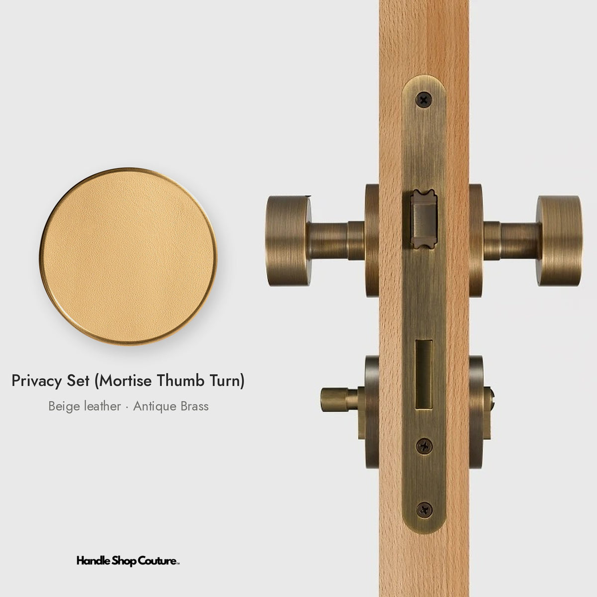 AMORGOS leather door knob set in Antique Brass with beige leather, Privacy Set (Mortise Thumb Turn)
