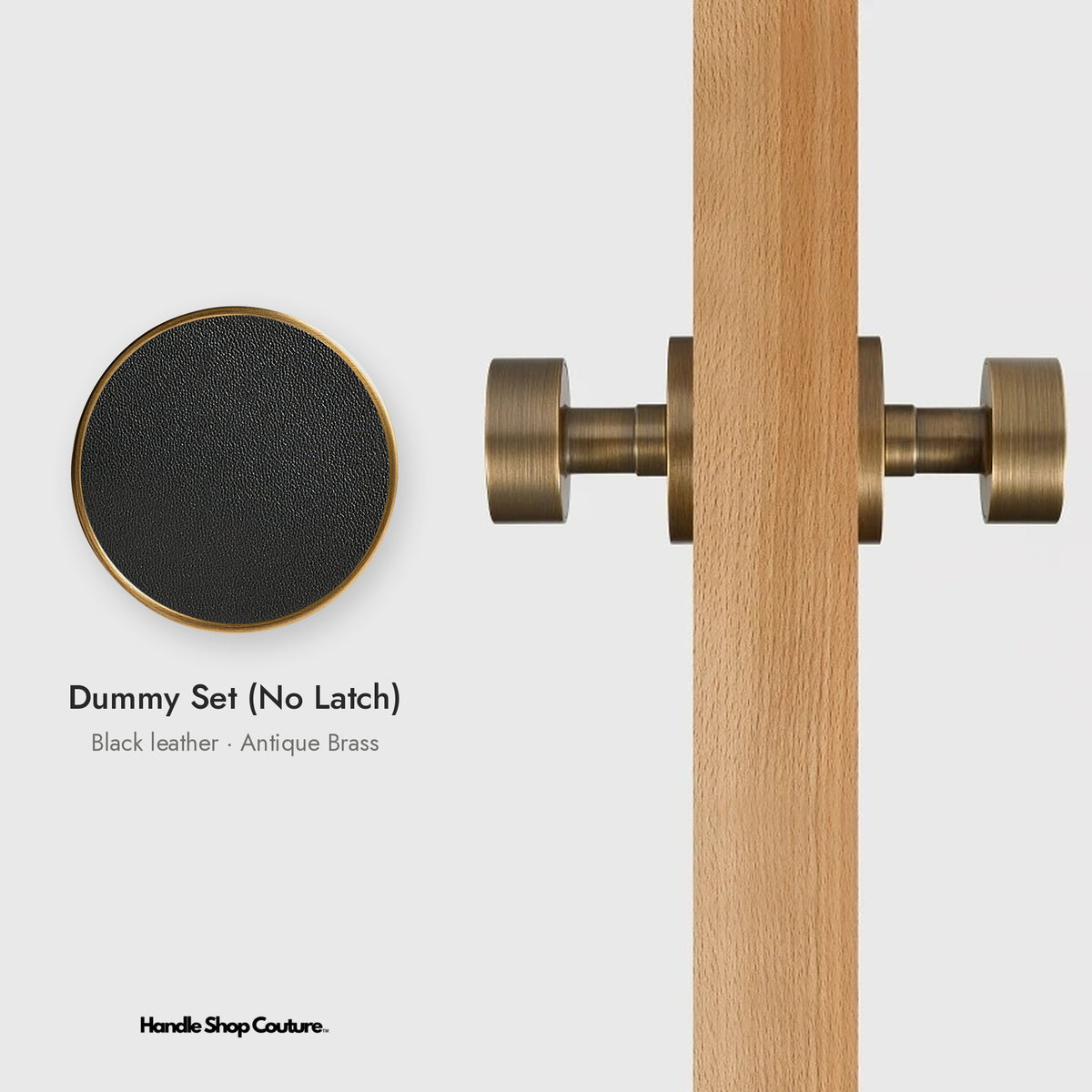 AMORGOS leather door knob set in Antique Brass with black leather, Dummy Set (No Latch)