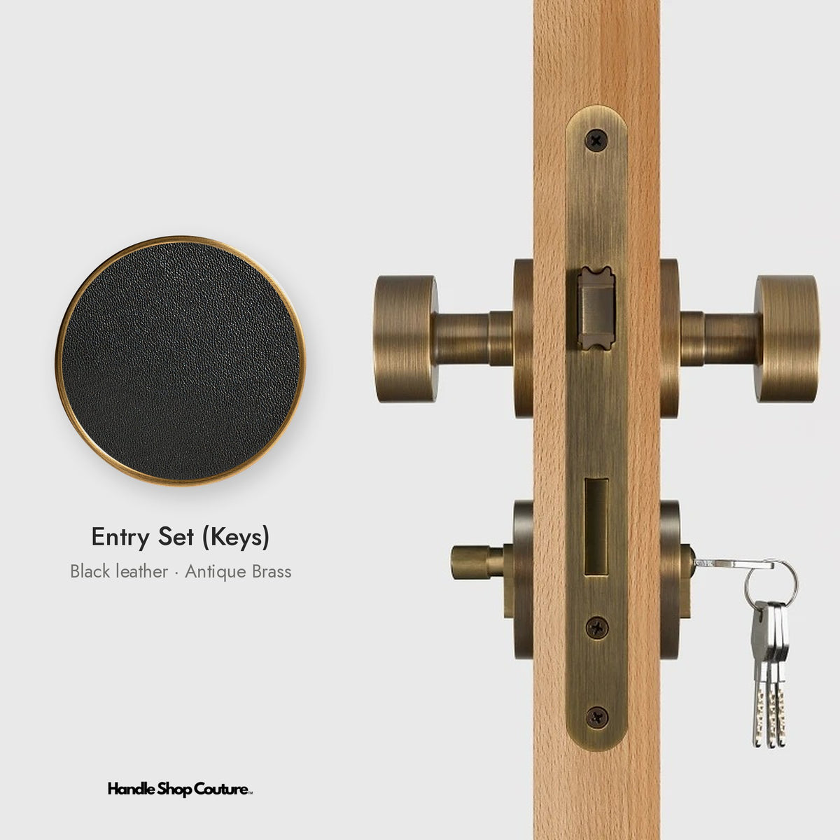 AMORGOS leather door knob set in Antique Brass with black leather, Entry Set (Keys)