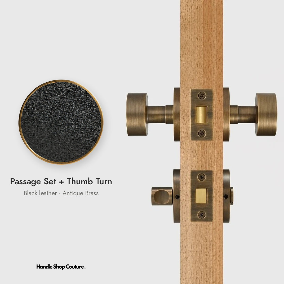 AMORGOS leather door knob set in Antique Brass with black leather, Passage Set + Thumb Turn
