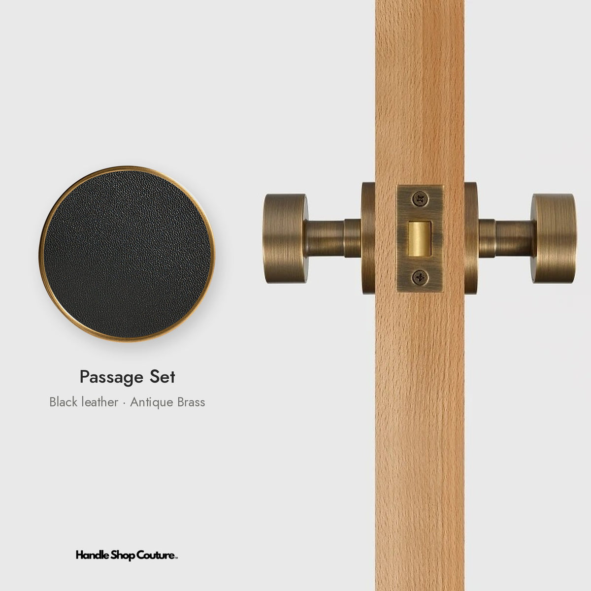 AMORGOS leather door knob set in Antique Brass with black leather, Passage Set