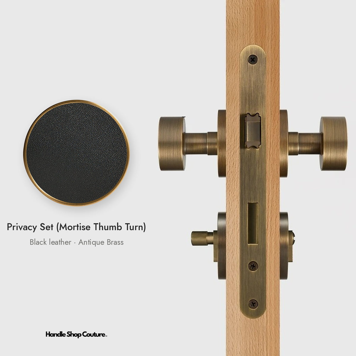 AMORGOS leather door knob set in Antique Brass with black leather, Privacy Set (Mortise Thumb Turn)
