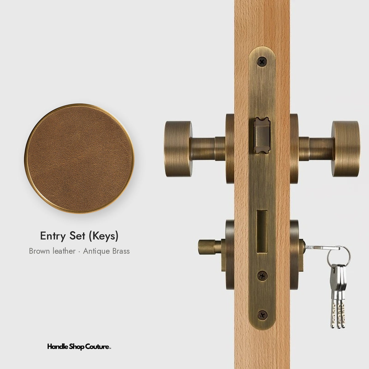 AMORGOS leather door knob set in Antique Brass with brown leather, Entry Set (Keys)
