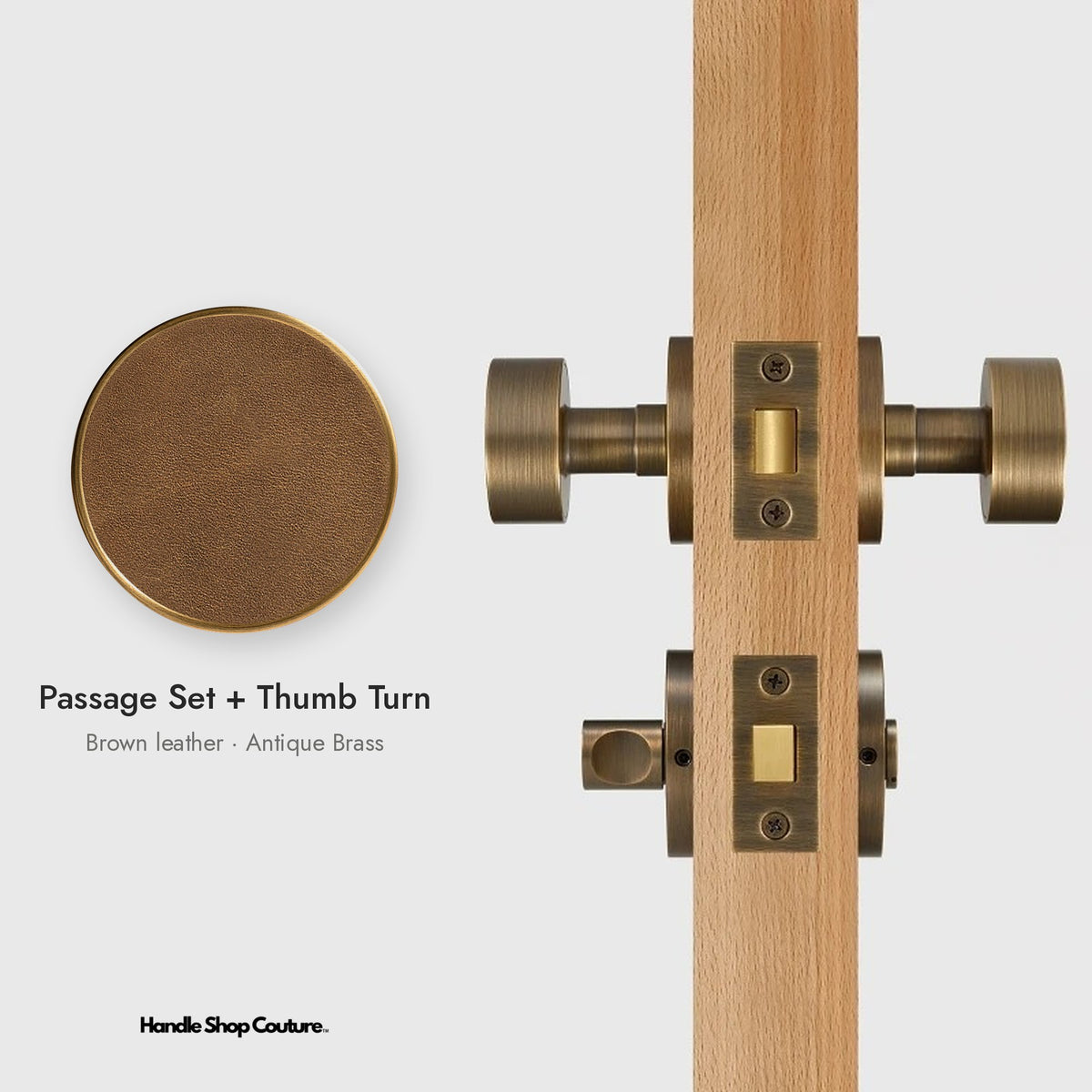 AMORGOS leather door knob set in Antique Brass with brown leather, Passage Set + Thumb Turn