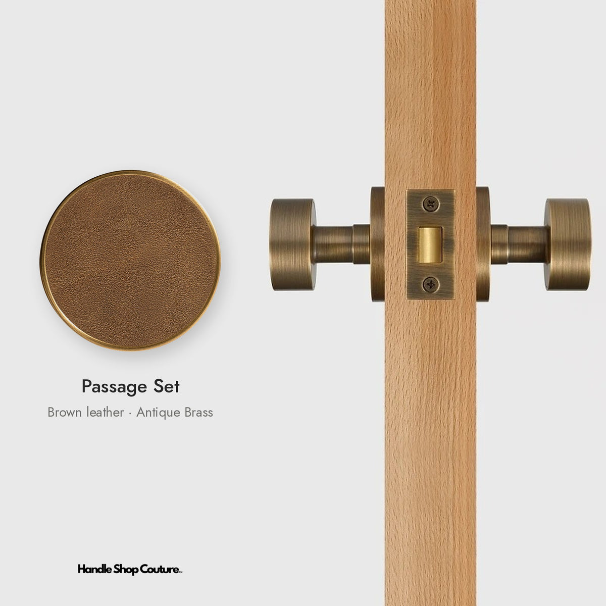 AMORGOS leather door knob set in Antique Brass with brown leather, Passage Set