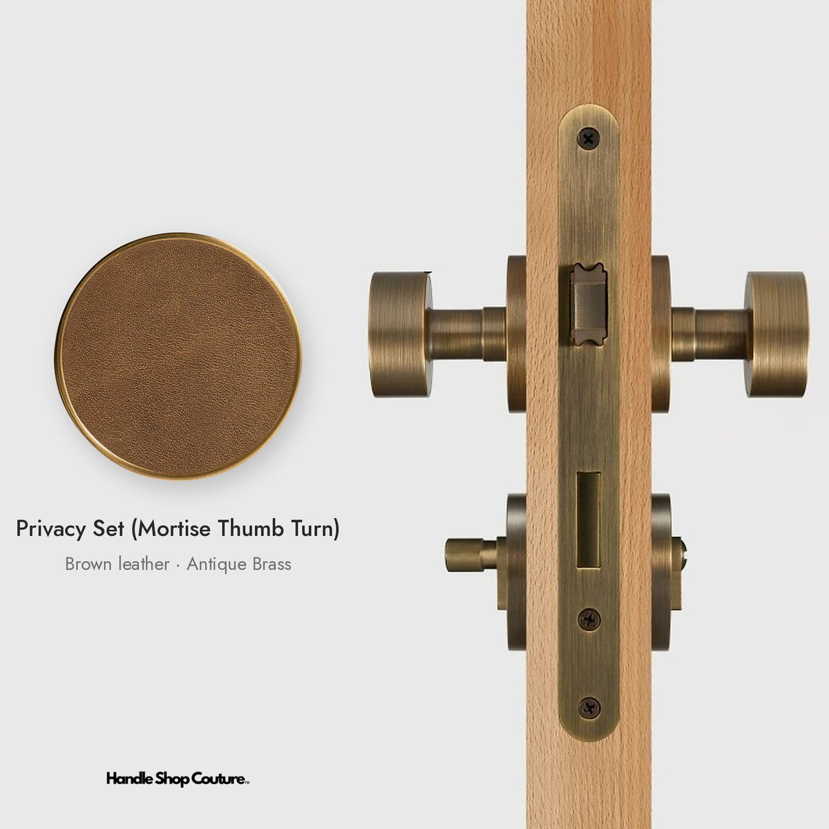 AMORGOS leather door knob set in Antique Brass with brown leather, Privacy Set (Mortise Thumb Turn)