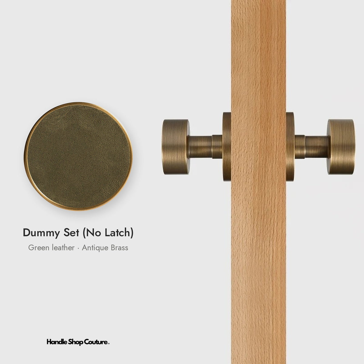 AMORGOS leather door knob set in Antique Brass with green leather, Dummy Set (No Latch)