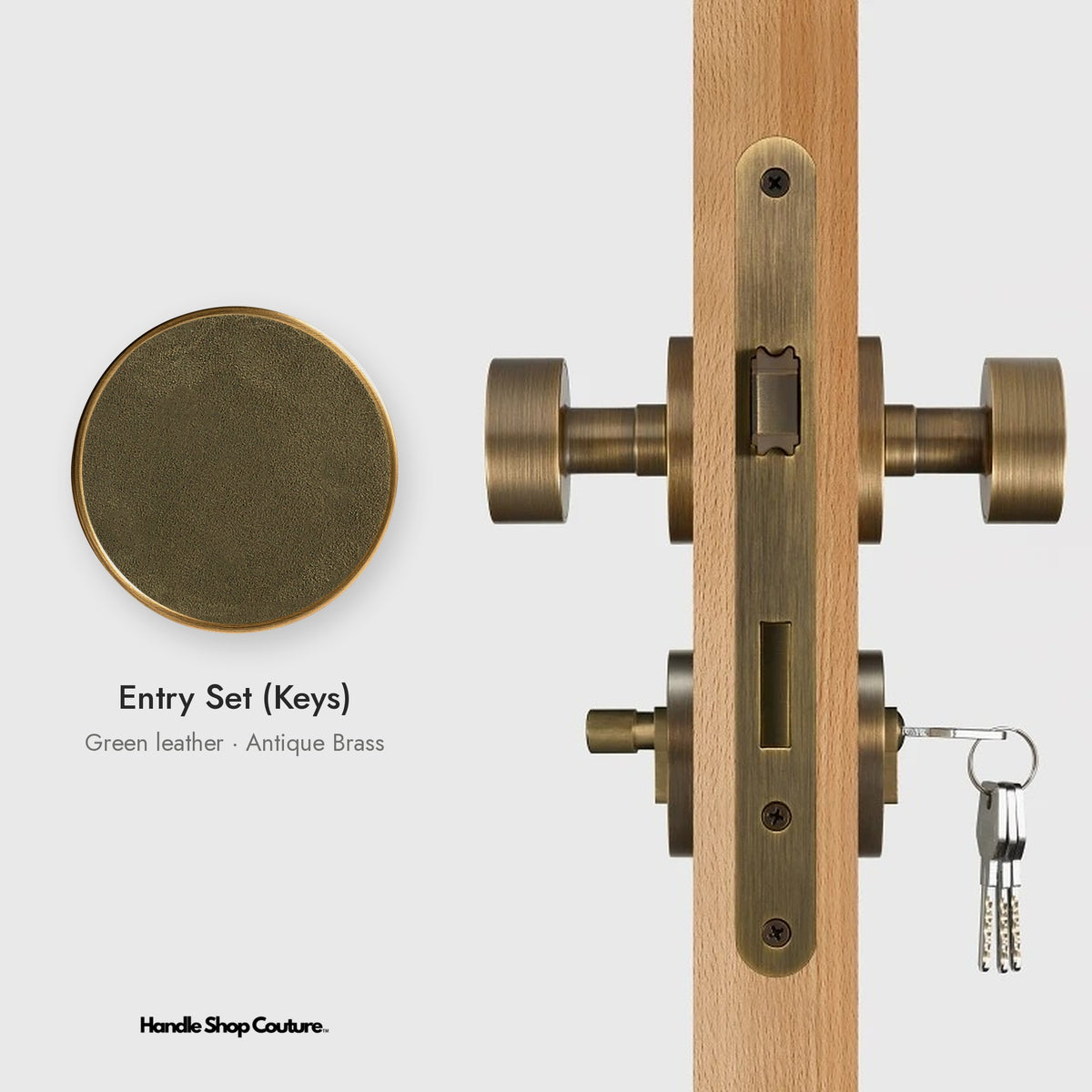 AMORGOS leather door knob set in Antique Brass with green leather, Entry Set (Keys)