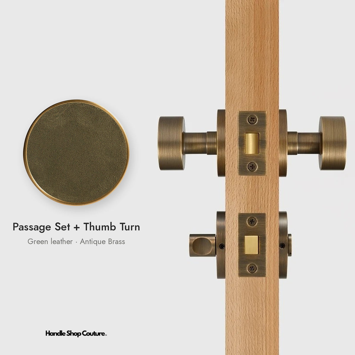 AMORGOS leather door knob set in Antique Brass with green leather, Passage Set + Thumb Turn