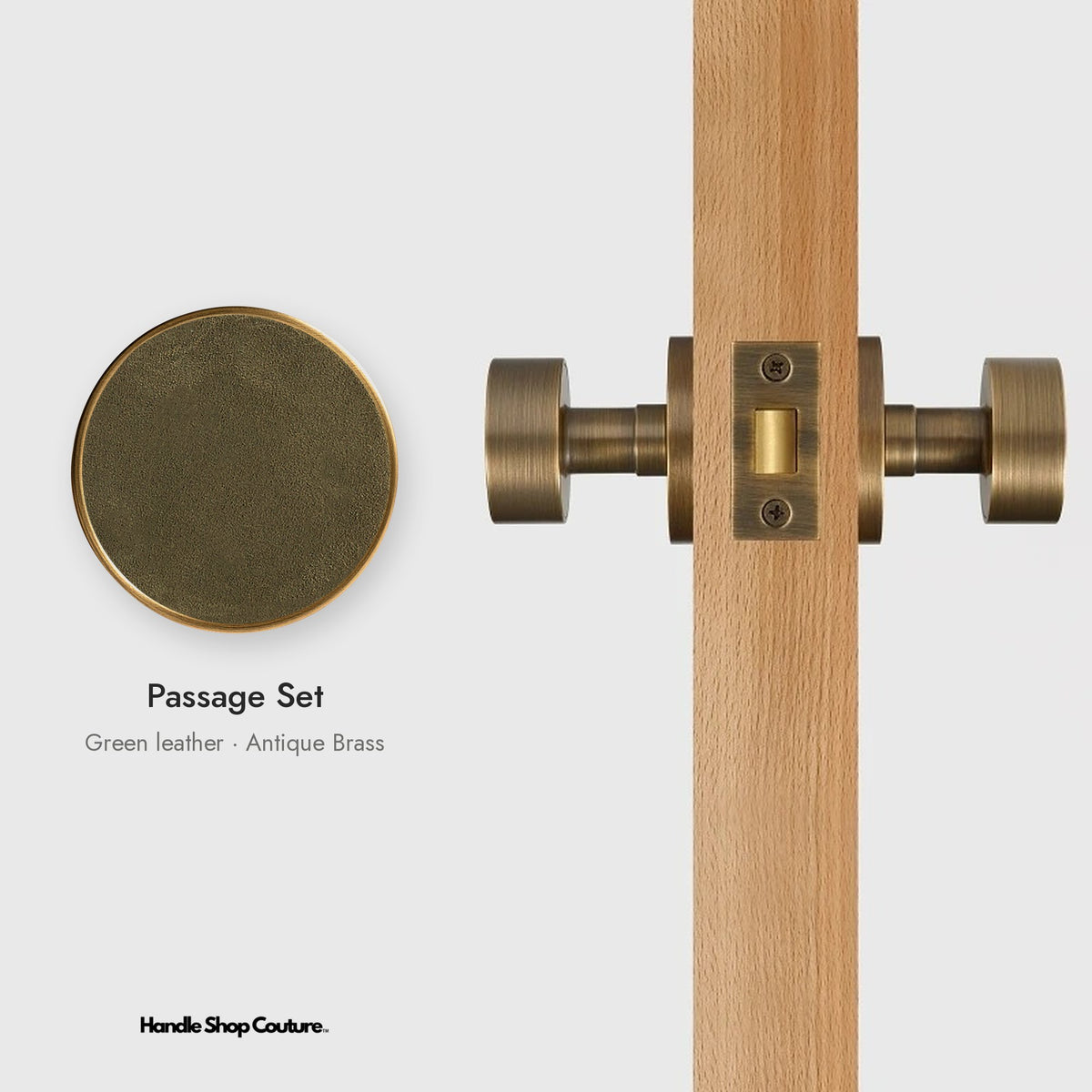 AMORGOS leather door knob set in Antique Brass with green leather, Passage Set