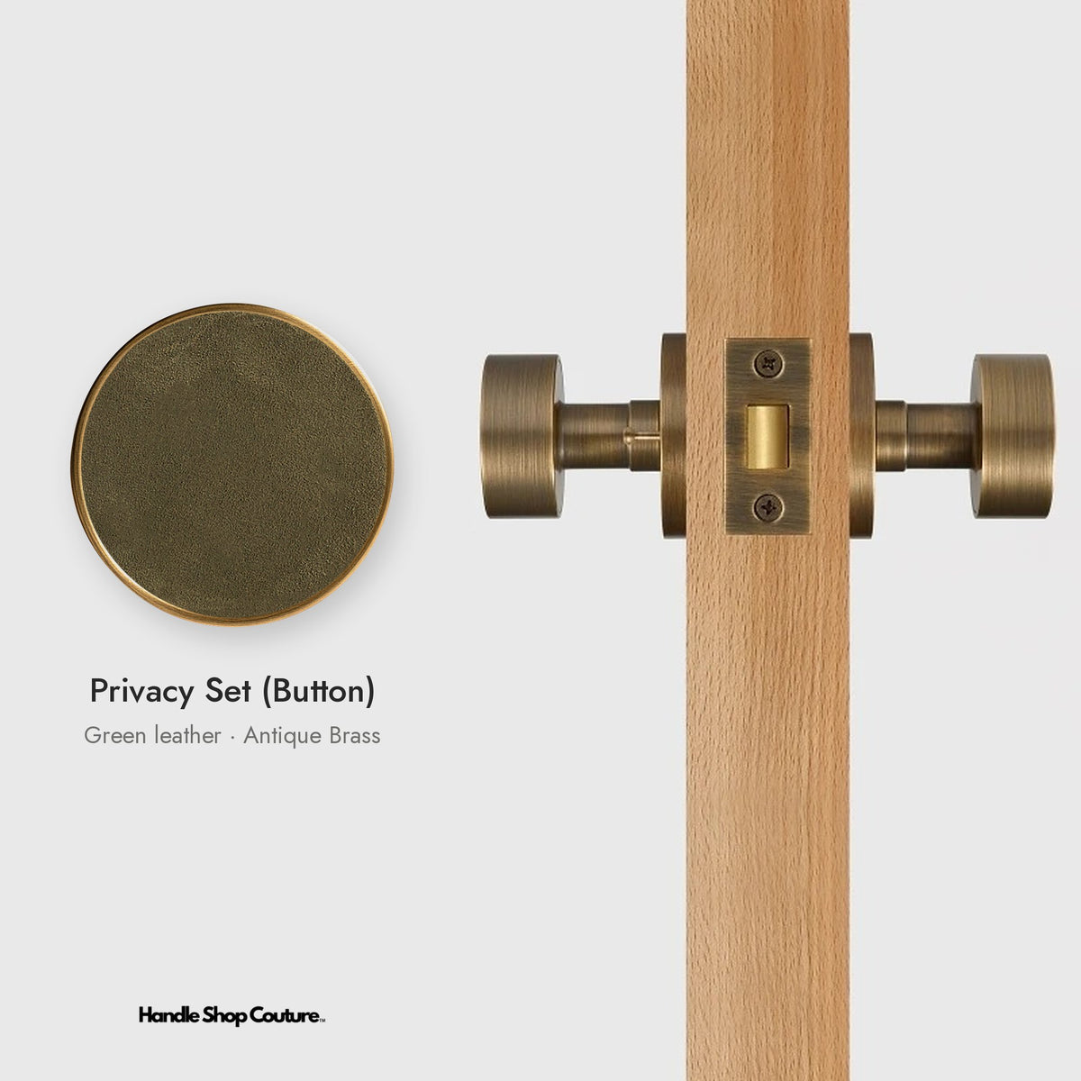AMORGOS leather door knob set in Antique Brass with green leather, Privacy Set (Button)
