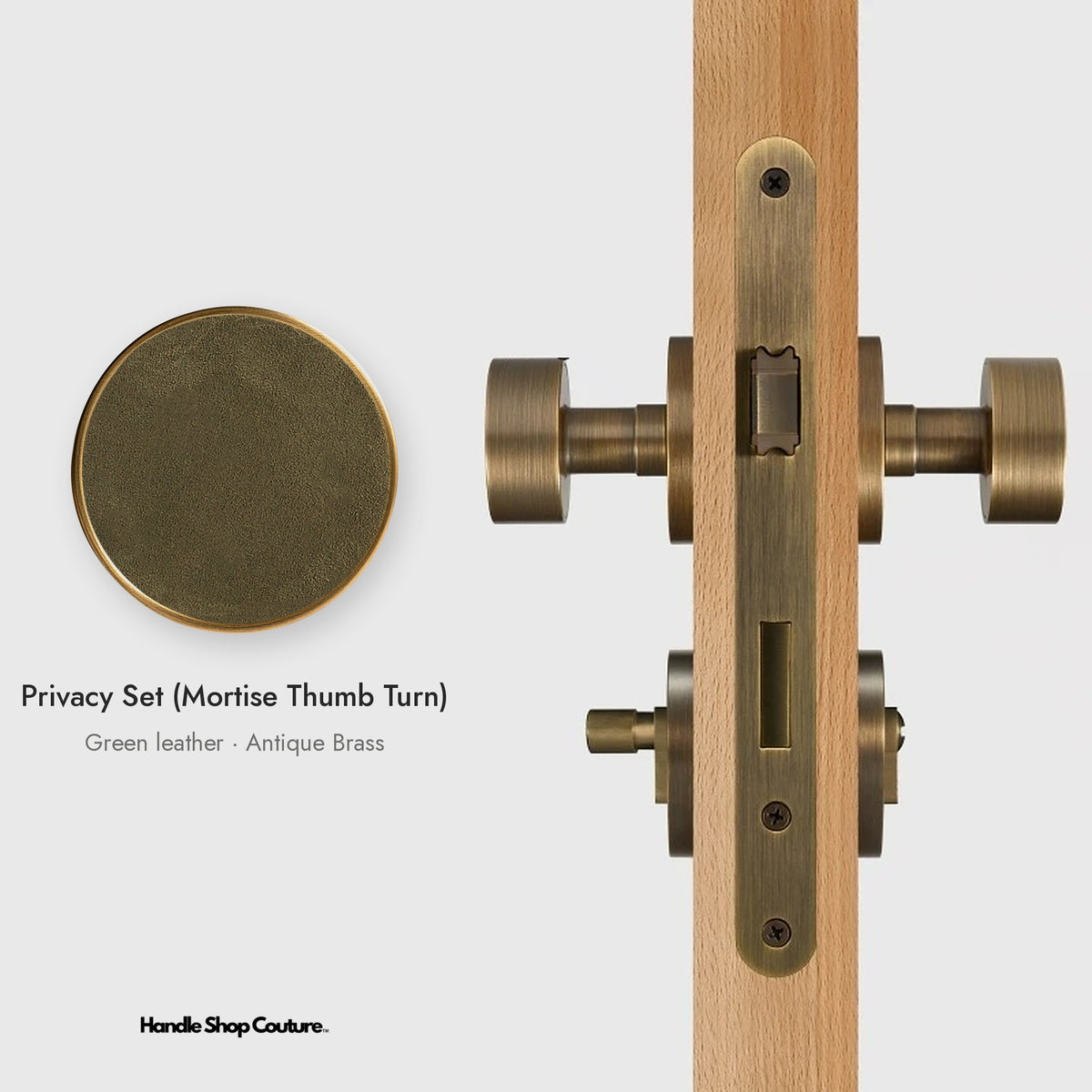 AMORGOS leather door knob set in Antique Brass with green leather, Privacy Set (Mortise Thumb Turn)