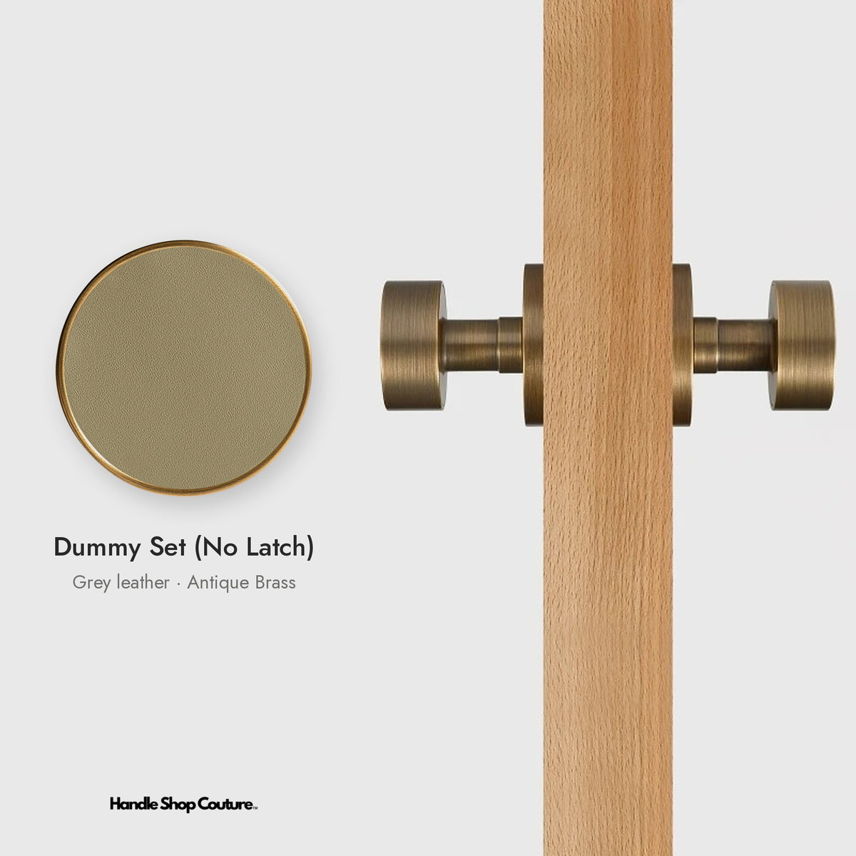 AMORGOS leather door knob set in Antique Brass with grey leather, Dummy Set (No Latch)