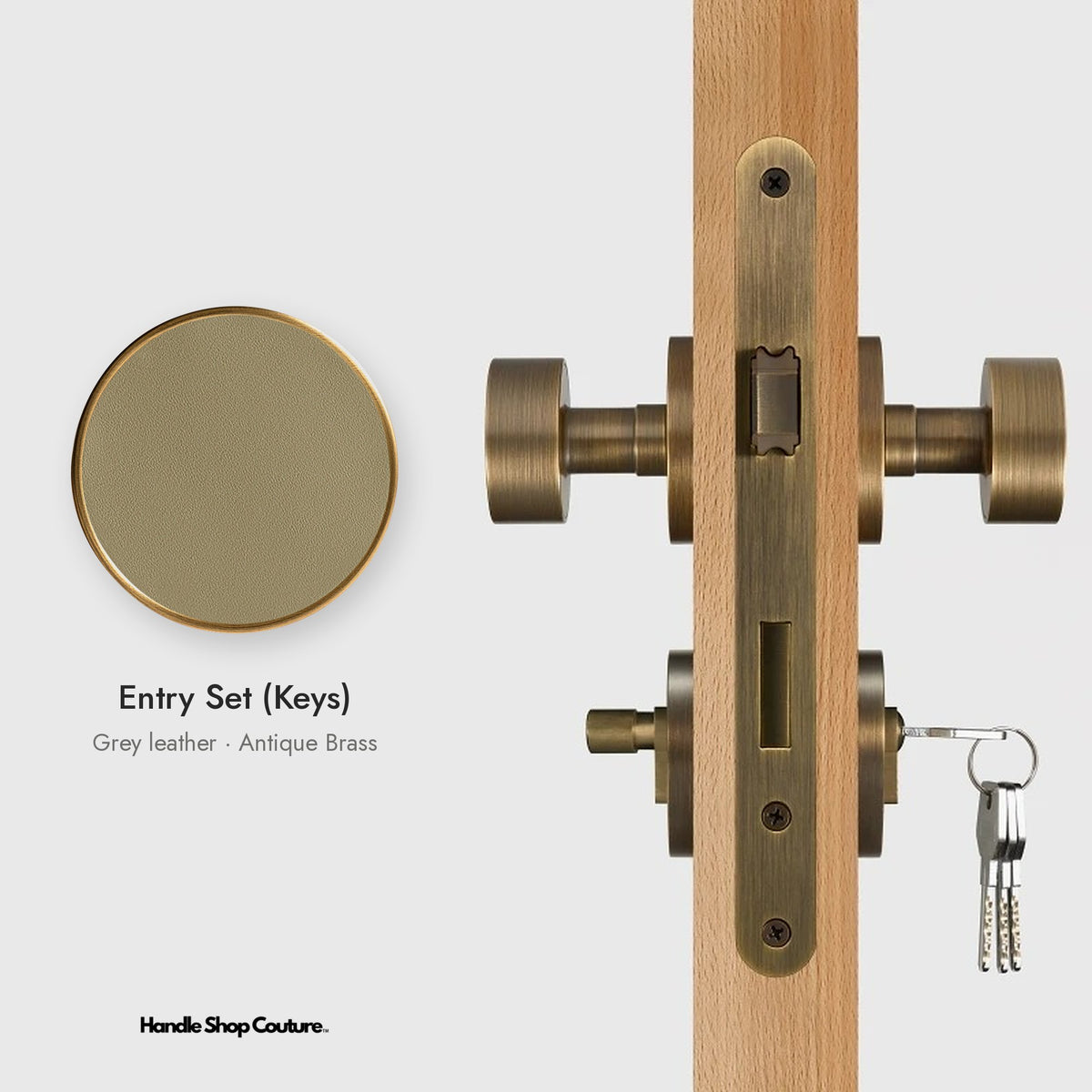 AMORGOS leather door knob set in Antique Brass with grey leather, Entry Set (Keys)