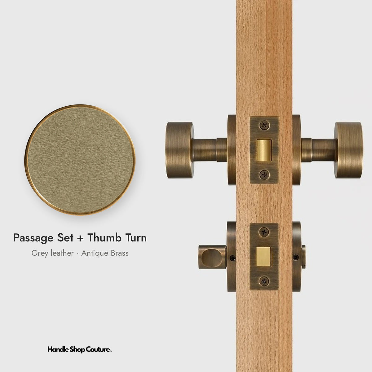 AMORGOS leather door knob set in Antique Brass with grey leather, Passage Set + Thumb Turn