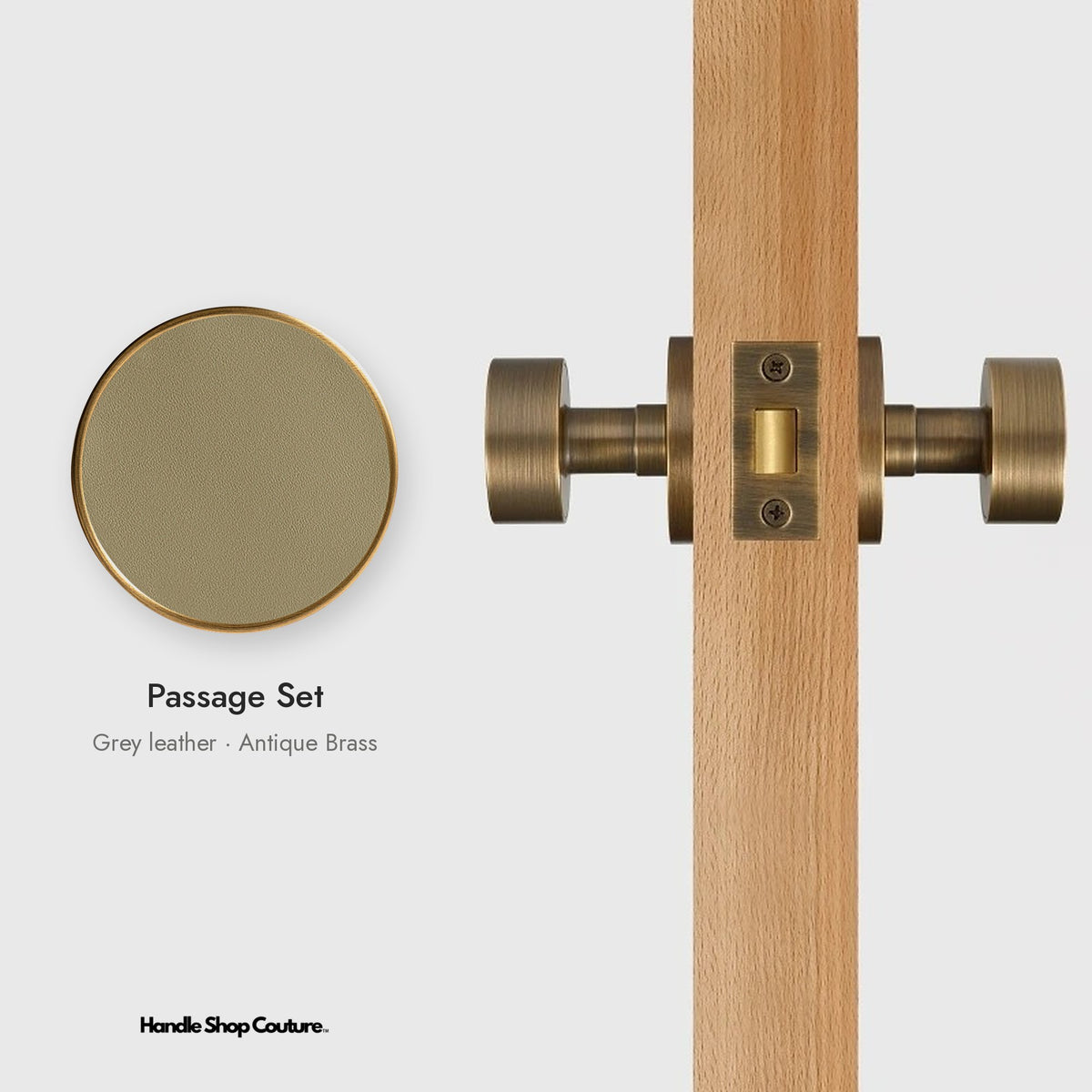 AMORGOS leather door knob set in Antique Brass with grey leather, Passage Set