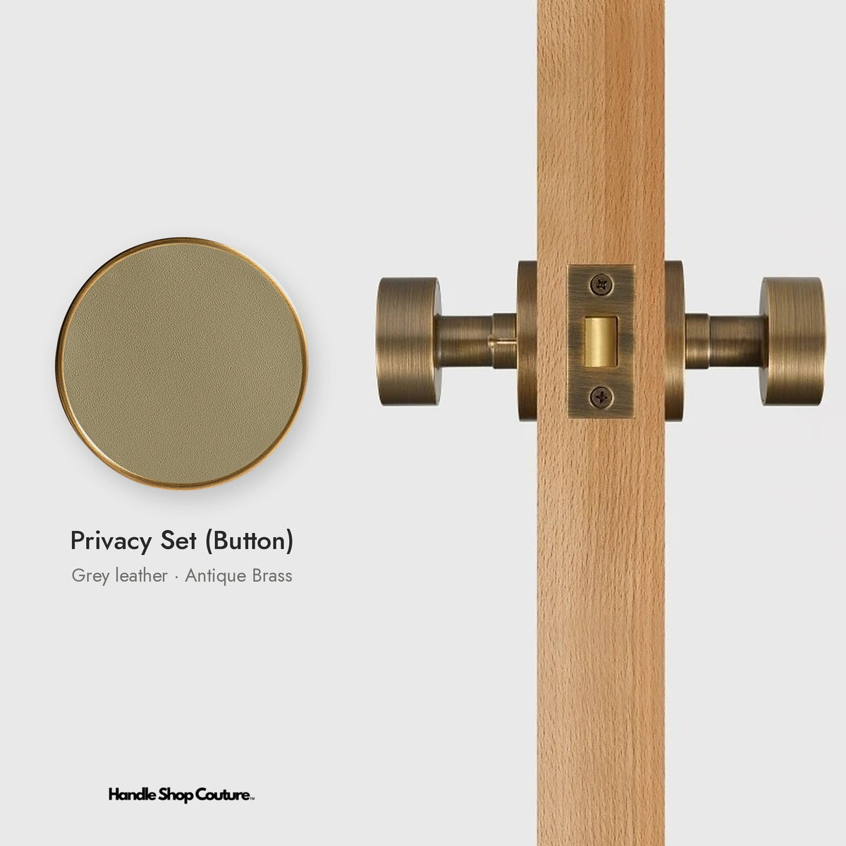 AMORGOS leather door knob set in Antique Brass with grey leather, Privacy Set (Button)