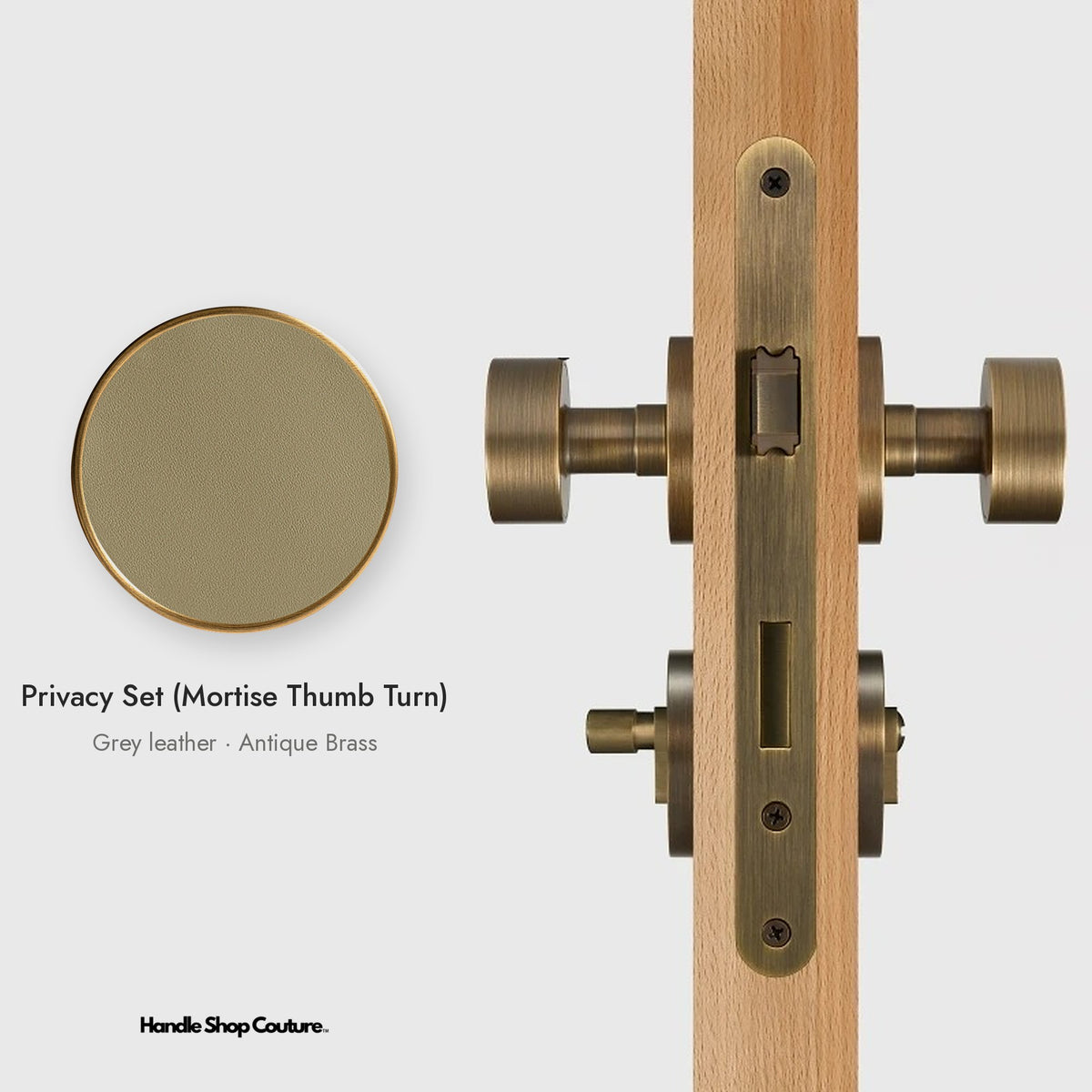 AMORGOS leather door knob set in Antique Brass with grey leather, Privacy Set (Mortise Thumb Turn)