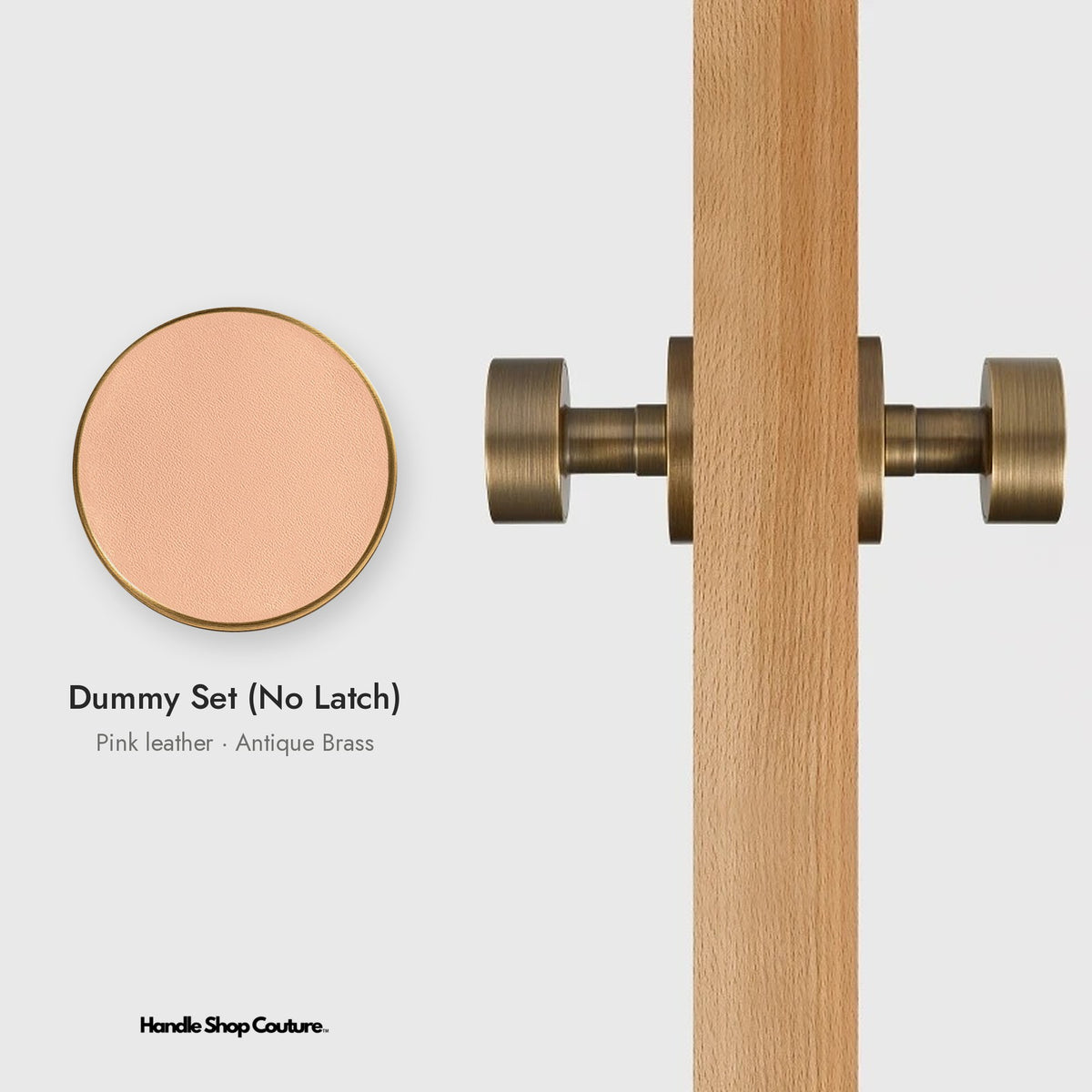 AMORGOS leather door knob set in Antique Brass with pink leather, Dummy Set (No Latch)