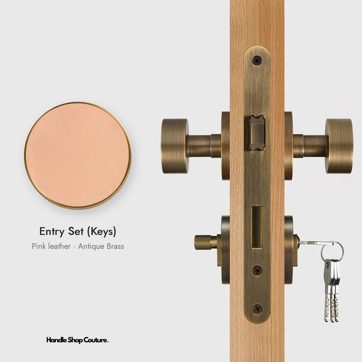 AMORGOS leather door knob set in Antique Brass with pink leather, Entry Set (Keys)