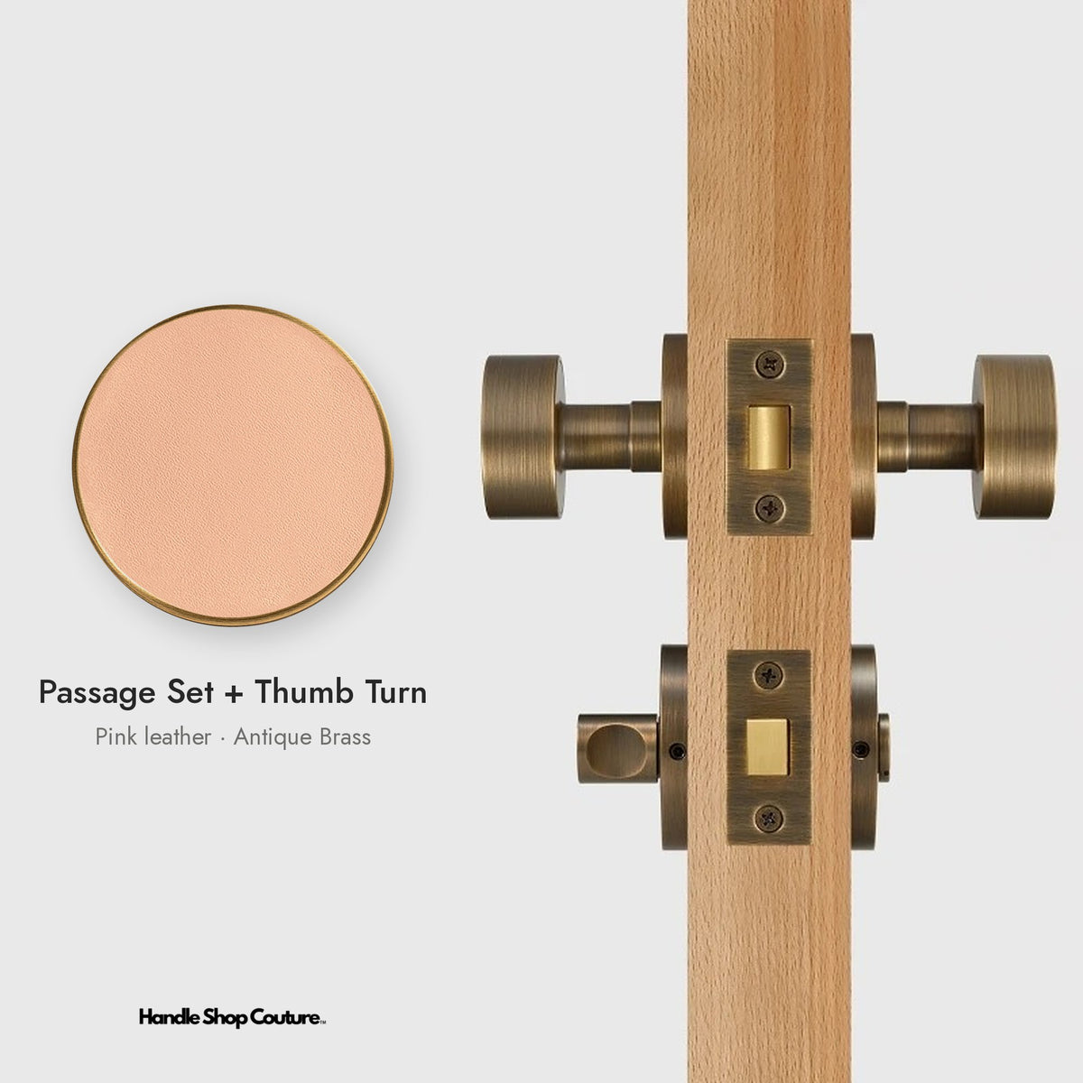 AMORGOS leather door knob set in Antique Brass with pink leather, Passage Set + Thumb Turn