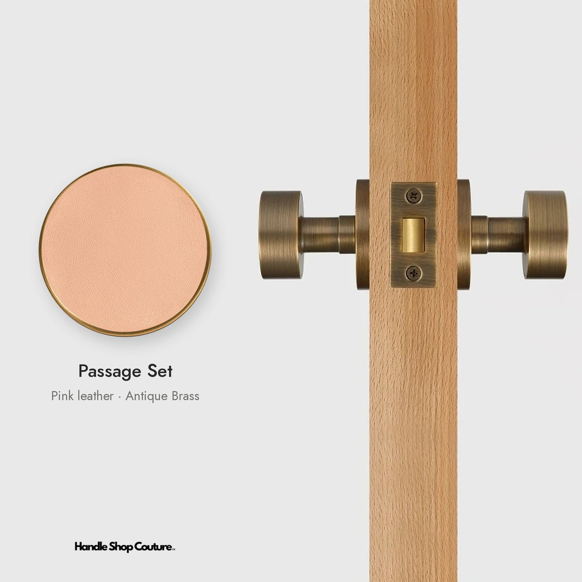 AMORGOS leather door knob set in Antique Brass with pink leather, Passage Set