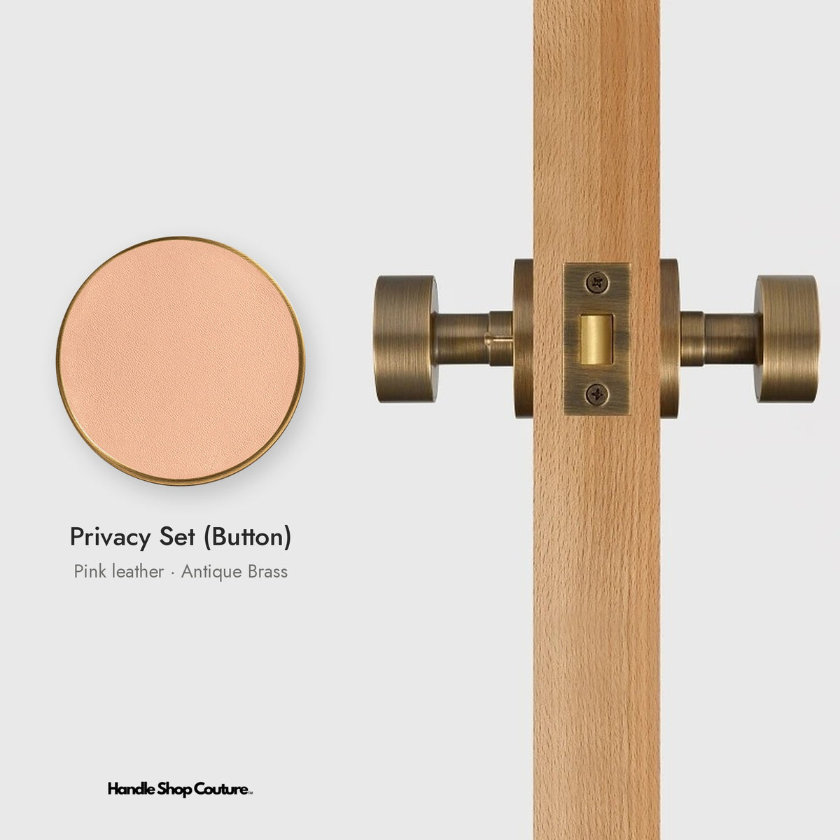 AMORGOS leather door knob set in Antique Brass with pink leather, Privacy Set (Button)