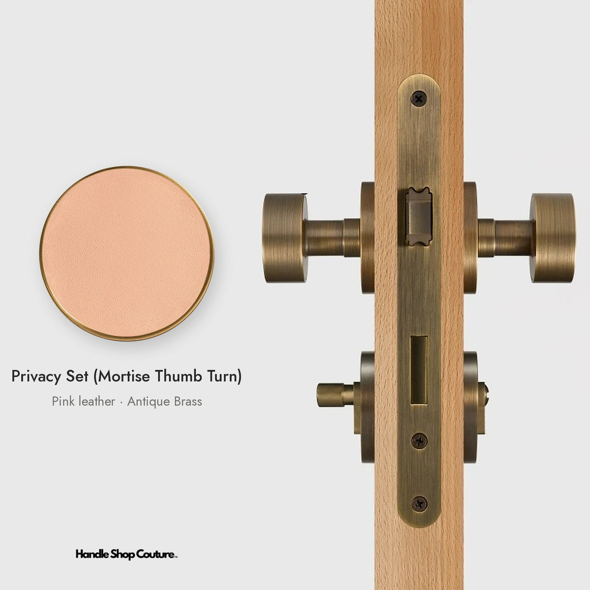 AMORGOS leather door knob set in Antique Brass with pink leather, Privacy Set (Mortise Thumb Turn)