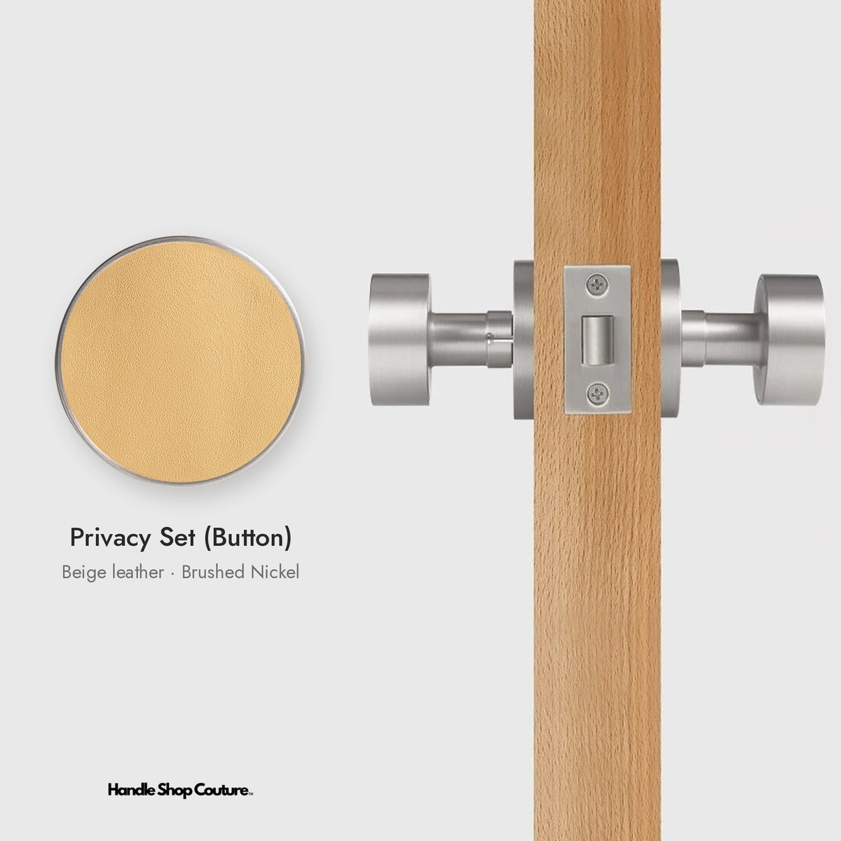 AMORGOS leather door knob set in Brushed Nickel with beige leather, Privacy Set (Button)