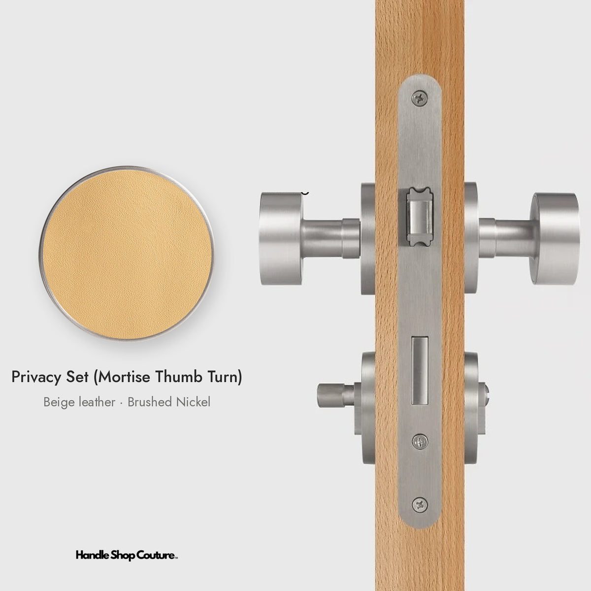 AMORGOS leather door knob set in Brushed Nickel with beige leather, Privacy Set (Mortise Thumb Turn)