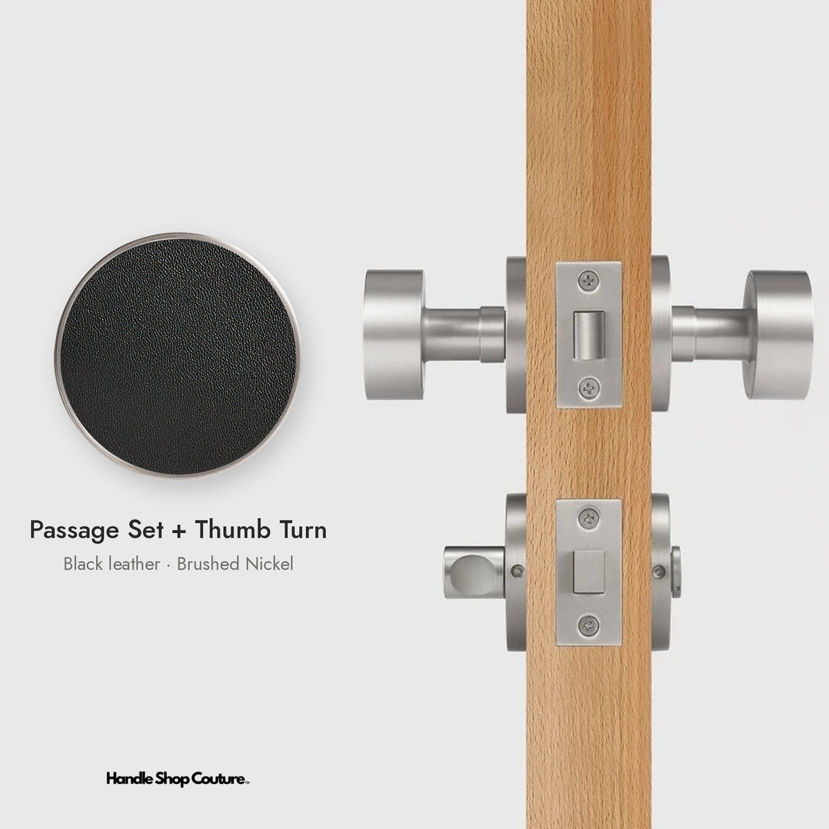 AMORGOS leather door knob set in Brushed Nickel with black leather, Passage Set + Thumb Turn