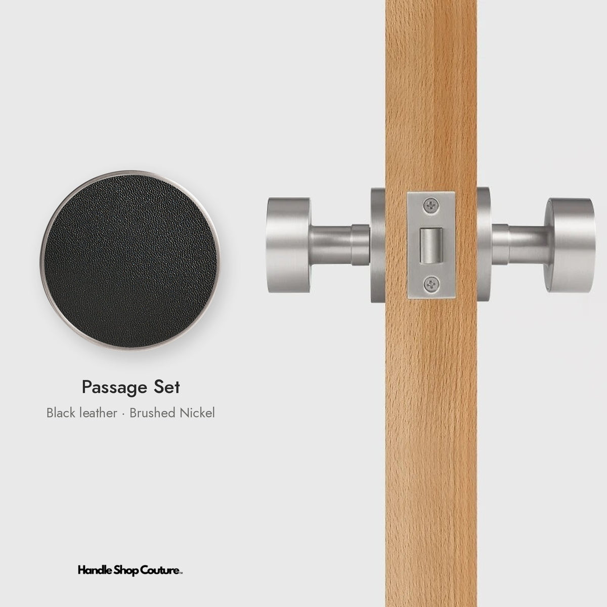 AMORGOS leather door knob set in Brushed Nickel with black leather, Passage Set