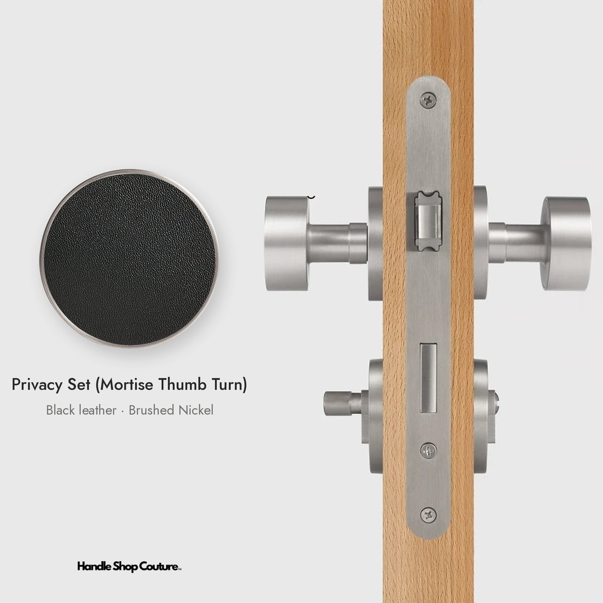 AMORGOS leather door knob set in Brushed Nickel with black leather, Privacy Set (Mortise Thumb Turn)