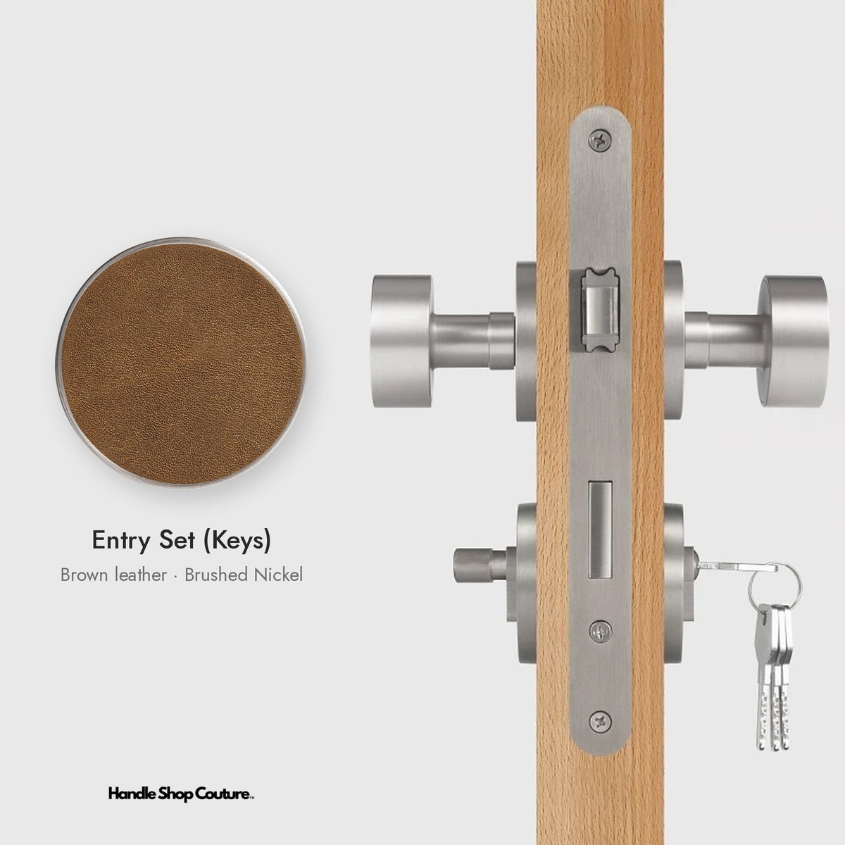 AMORGOS leather door knob set in Brushed Nickel with brown leather, Entry Set (Keys)