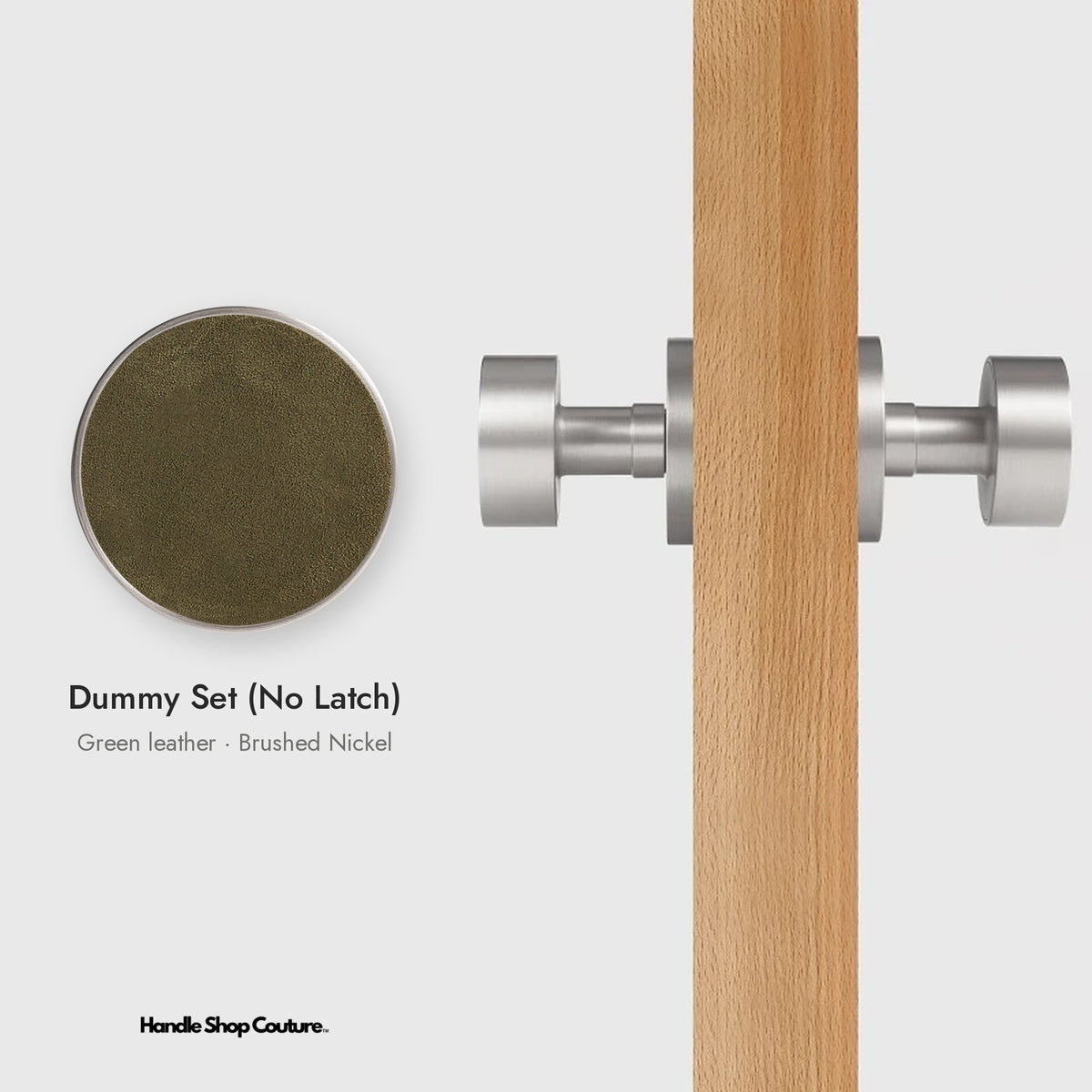 AMORGOS leather door knob set in Brushed Nickel with green leather, Dummy Set (No Latch)