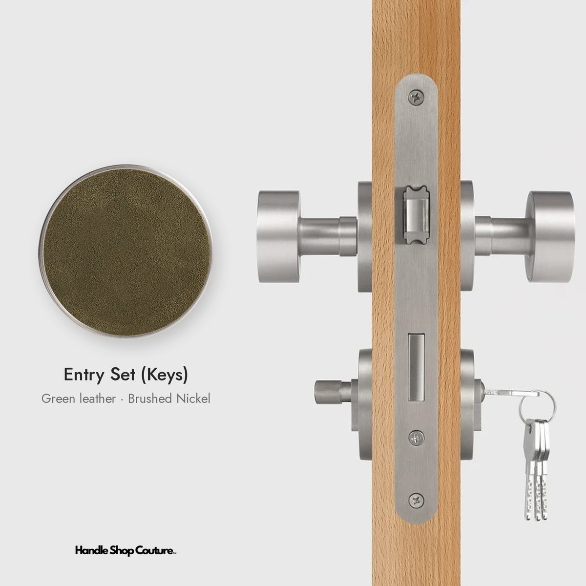 AMORGOS leather door knob set in Brushed Nickel with green leather, Entry Set (Keys)