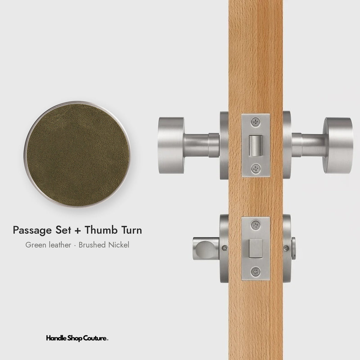 AMORGOS leather door knob set in Brushed Nickel with green leather, Passage Set + Thumb Turn