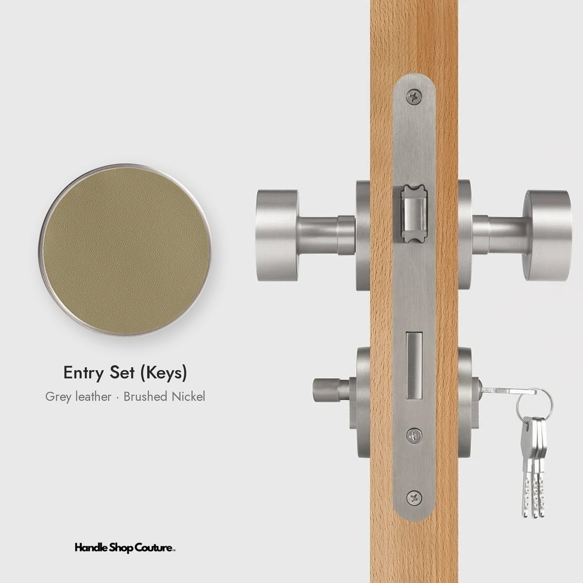 AMORGOS leather door knob set in Brushed Nickel with grey leather, Entry Set (Keys)